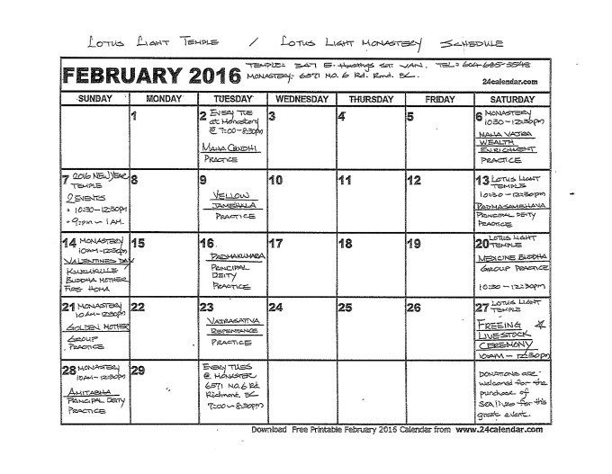 2016 Feb Activity Schedule at Lotus Light Temple & Monastery Pg 2 (Landscape)